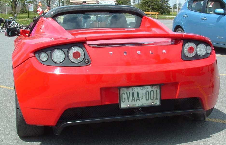 Red Tesla Roadster electric sports car